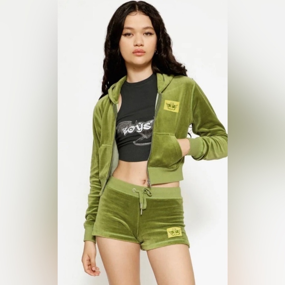 Boys Lie Olive Green Velour Cropped Hooded Zip Up Jacket XS/S